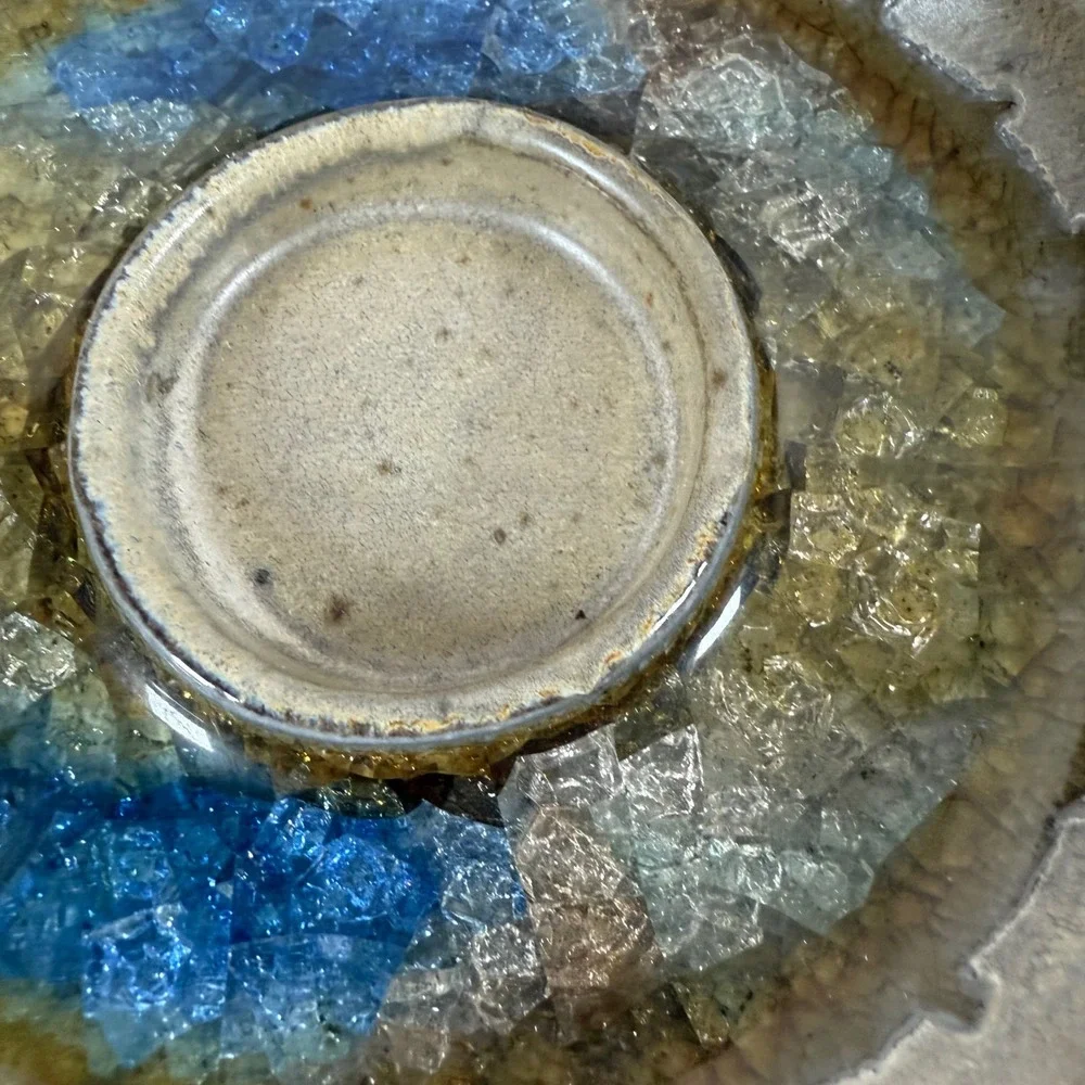 Studio Art Pottery Geode Tealight‎ Candle Holder Blue Earth Tones Raku Style